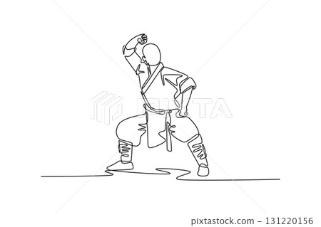 Single continuous line drawing male martial artist in powerful horse stance, discipline, balance, and focused energy of foundational Shaolin Kung Fu posture. One line draw design vector illustration Single continuous line drawing male martial artist in powerful horse stance, discipline, balance, and focused energy of foundational Shaolin Kung Fu posture. One line draw design vector illustration 131220156
