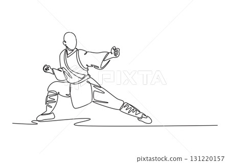 Single continuous line drawing active man in a low, wide stance with clenched fists, powerful Shaolin Kung Fu pose that conveys stability, discipline. One line draw graphic design vector illustration Single continuous line drawing active man in a low, wide stance with clenched fists, powerful Shaolin Kung Fu pose that conveys stability, discipline. One line draw graphic design vector illustration 131220157