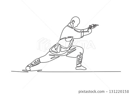 Single one line drawing male athlete in powerful stable stance, hands in defensive position. Discipline, focus, fluid motion of Shaolin routine. Continuous line draw design graphic vector illustration 131220158