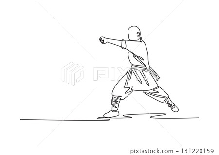 Single continuous line drawing man middle of powerful punch, his body in a low, stable stance, focused energy and strength of Shaolin Kung Fu. Dynamic one line draw graphic design vector illustration 131220159
