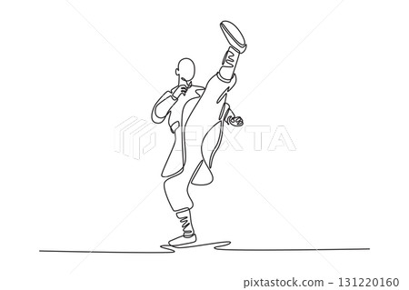 Single one line drawing man perform perfect vertical high kick, immense power, precision, flexibility, disciplined Shaolin Kung Fu practitioner. Continuous line draw design graphic vector illustration Single one line drawing man perform perfect vertical high kick, immense power, precision, flexibility, disciplined Shaolin Kung Fu practitioner. Continuous line draw design graphic vector illustration 131220160
