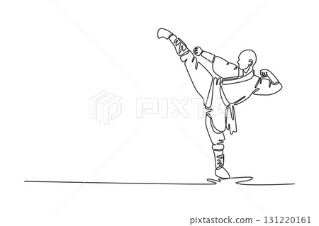 Single one line drawing male shaolin delivering a powerful high kick with precision, incredible balance, strength, and grace of art form. Modern continuous line draw design graphic vector illustration 131220161
