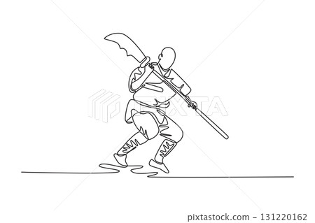 Single one line drawing man is in dynamic, forward-moving stance, holding Guan Dao over his shoulder, fluid motion and power of Shaolin Kung Fu. Continuous line draw design graphic vector illustration 131220162