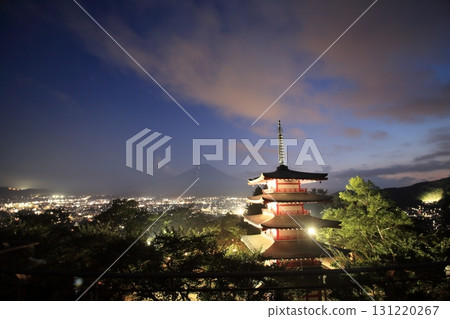 Illuminated five-story pagoda in the evening sky Illuminated five-story pagoda in the evening sky 131220267
