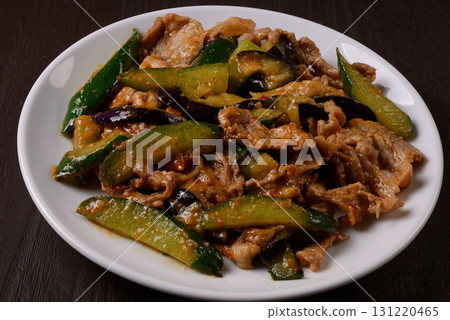 Spicy stir-fried pork, eggplant and cucumber with miso Spicy stir-fried pork, eggplant and cucumber with miso 131220465