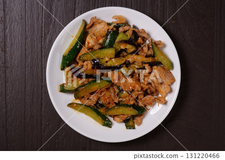 Spicy stir-fried pork, eggplant and cucumber with miso Spicy stir-fried pork, eggplant and cucumber with miso 131220466