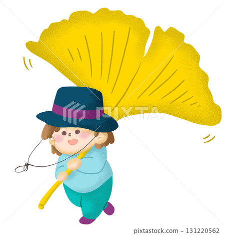 Illustration of a child skipping happily while carrying a large ginkgo leaf 131220562