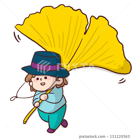 一個孩子拿著大片銀杏葉開心跳躍的插圖 一個孩子拿著大片銀杏葉開心跳躍的插圖 131220563