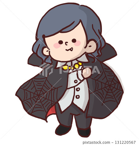 一名兒童扮成德古拉，身穿黑色斗篷的插圖 131220567