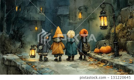 萬聖節之夜，兩個孩子穿過小鎮 131220645