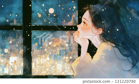 一位女士透過窗戶欣賞雪景燈飾 131220780