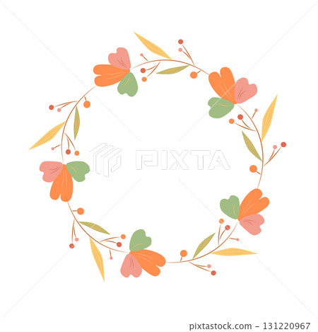A vibrant round frame with romantic orange flowers. A wedding invitation featuring flowers and foliage. 131220967