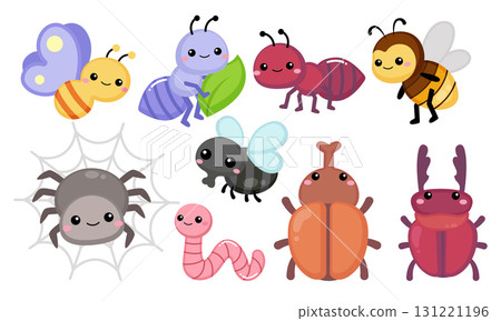 Cute cartoon insect collection, butterfly, firefly, ant, spider, fly, beetles, worm Cute cartoon insect collection, butterfly, firefly, ant, spider, fly, beetles, worm 131221196