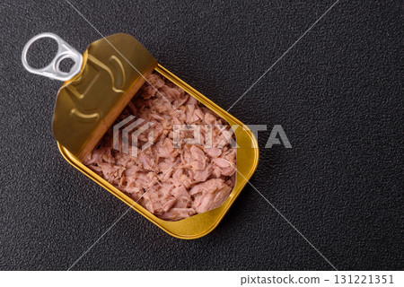 Tuna, canned fish in a can and on a plate for making sandwiches and other food. Canned tuna 131221351