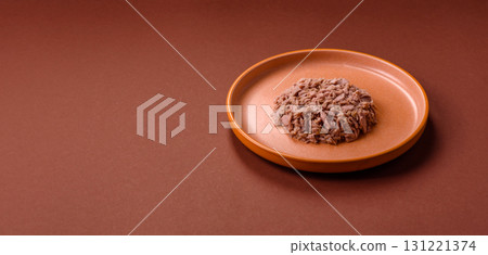 Tuna, canned fish in a can and on a plate for making sandwiches and other food. Canned tuna 131221374