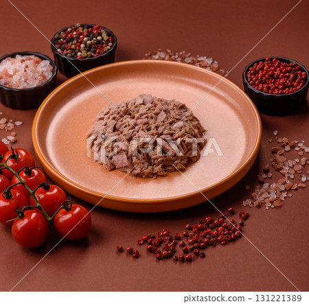 Tuna, canned fish in a can and on a plate for making sandwiches and other food. Canned tuna 131221389