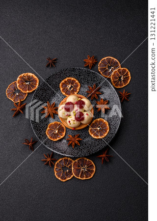 Sweet cake or tart round with cream and raspberries. Raspberry sweet tart Sweet cake or tart round with cream and raspberries. Raspberry sweet tart 131221441