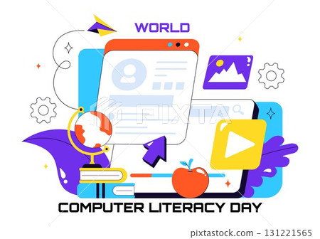 World Computer Literacy Day Vector Illustration on December 2, Featuring Books, Globe, and Media Equipment to Promote Education in a Flat Background 131221565