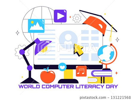World Computer Literacy Day Vector Illustration on December 2, Featuring Books, Globe, and Media Equipment to Promote Education in a Flat Background World Computer Literacy Day Vector Illustration on December 2, Featuring Books, Globe, and Media Equipment to Promote Education in a Flat Background 131221568