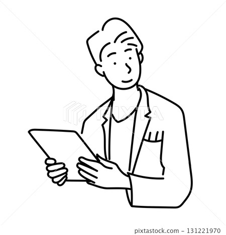 圖庫插圖: 一名身穿白大褂、手裡拿著平板電腦的男子的線條畫 131221970
