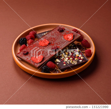 Bar sweet craft artisan chocolate with dried fruits made at home. Craft chocolate 131221990