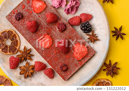 Bar sweet craft artisan chocolate with dried fruits made at home. Craft chocolate 131222012