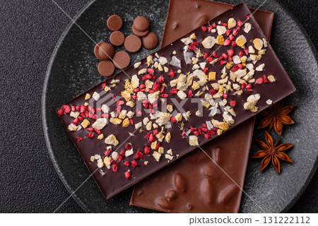 Bar sweet craft artisan chocolate with dried fruits made at home. Craft chocolate 131222112