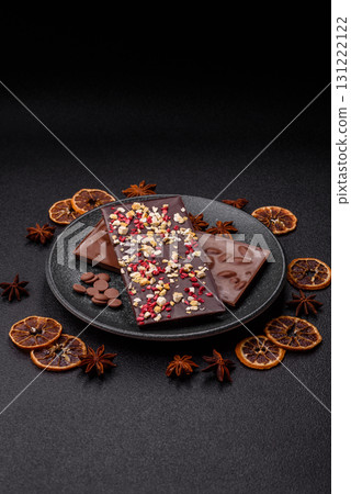 Bar sweet craft artisan chocolate with dried fruits made at home. Craft chocolate 131222122