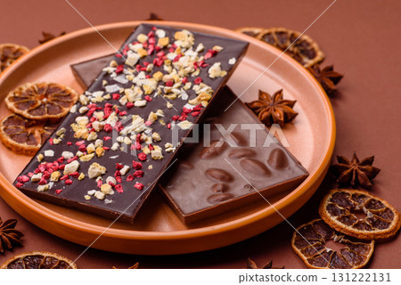 Bar sweet craft artisan chocolate with dried fruits made at home. Craft chocolate 131222131