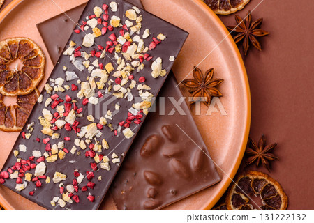 Bar sweet craft artisan chocolate with dried fruits made at home. Craft chocolate 131222132