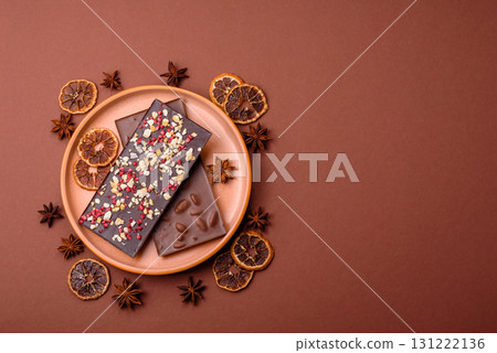 Bar sweet craft artisan chocolate with dried fruits made at home. Craft chocolate 131222136