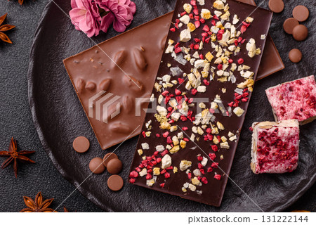Bar sweet craft artisan chocolate with dried fruits made at home. Craft chocolate 131222144