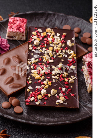 Bar sweet craft artisan chocolate with dried fruits made at home. Craft chocolate 131222146