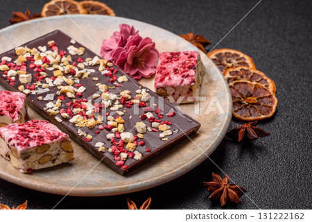 Bar sweet craft artisan chocolate with dried fruits made at home. Craft chocolate 131222162