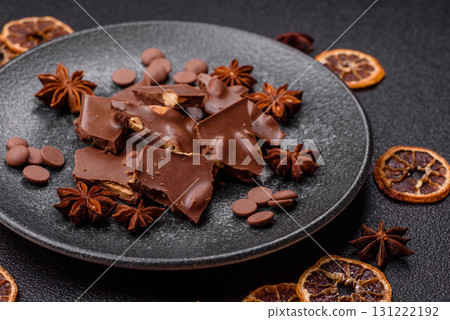 Bar sweet craft artisan chocolate with dried fruits made at home. Craft chocolate 131222192