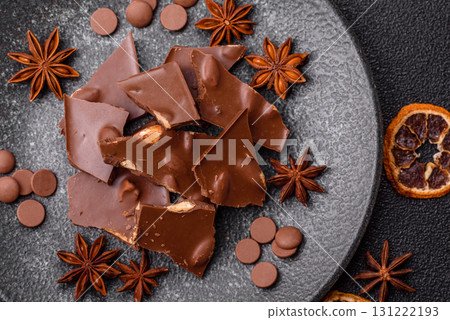 Bar sweet craft artisan chocolate with dried fruits made at home. Craft chocolate 131222193