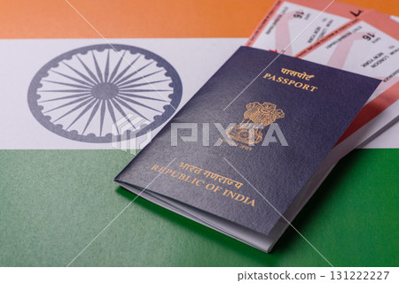 Indian passport and tickets for travelling, flying and doing business. India document, id 131222227