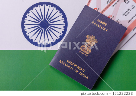 Indian passport and tickets for travelling, flying and doing business. India document, id 131222228
