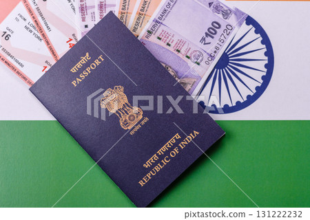 Indian passport and tickets for travelling, flying and doing business. India document, id Indian passport and tickets for travelling, flying and doing business. India document, id 131222232