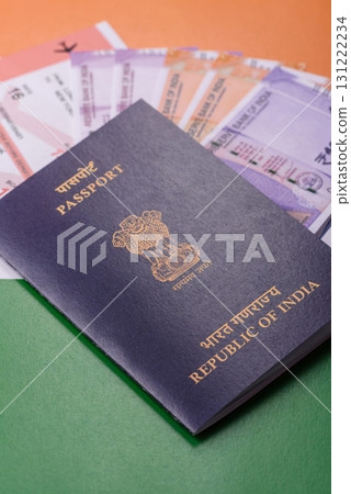 Indian passport and tickets for travelling, flying and doing business. India document, id Indian passport and tickets for travelling, flying and doing business. India document, id 131222234
