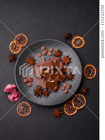 Bar sweet craft artisan chocolate with dried fruits made at home. Craft chocolate 131222292