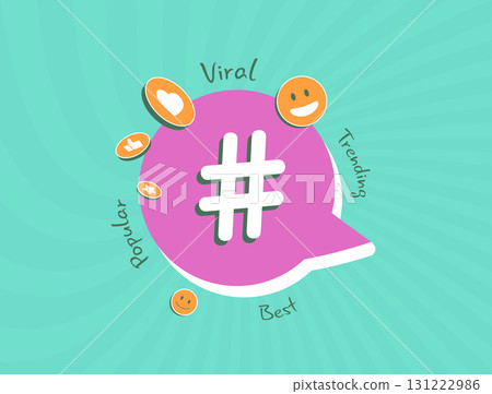 Viral hashtag marketing with top trends and popular topics drives social media growth. Engaging hashtag posts and best viral tag keywords for effective social media audience reach vector illustration 131222986