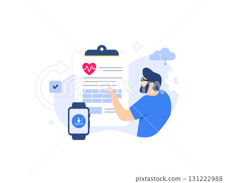 Healthcare monitoring with wearable watch technology and cloud data. Man doctor analyzing heart rate and fitness tracking data from smartwatch connected to medical report for remote health management Healthcare monitoring with wearable watch technology and cloud data. Man doctor analyzing heart rate and fitness tracking data from smartwatch connected to medical report for remote health management 131222988