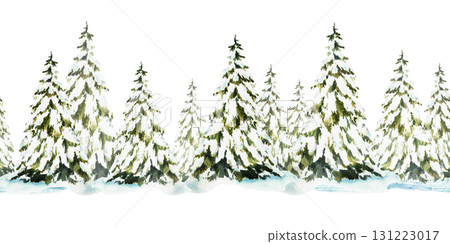 Spruce tree snow covered seamless border. Snowy winter Christmas fir. Hand drawn watercolor illustration isolated pattern from background. Clipart for holiday fabric, Xmas wallpaper, packaging design. Spruce tree snow covered seamless border. Snowy winter Christmas fir. Hand drawn watercolor illustration isolated pattern from background. Clipart for holiday fabric, Xmas wallpaper, packaging design. 131223017