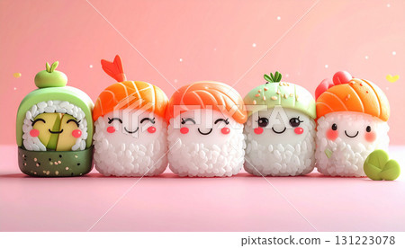 Cute kawaii sushi characters with smiling faces, pastel colors, soft 3D style illustration perfect for kids and playful designs 131223078