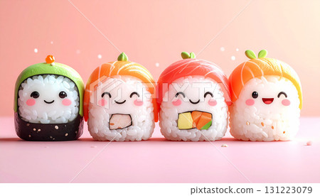 Cute kawaii sushi characters with smiling faces, pastel colors, soft 3D style illustration perfect for kids and playful designs 131223079