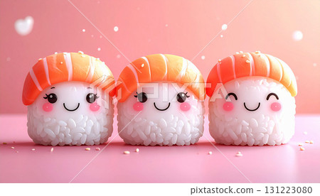 Cute kawaii sushi characters with smiling faces, pastel colors, soft 3D style illustration perfect for kids and playful designs 131223080