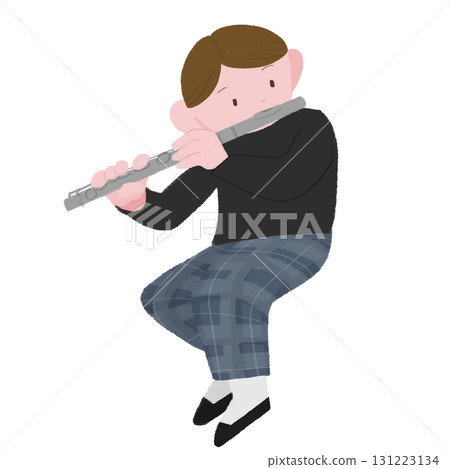 手繪彩色插圖，描繪男子吹笛子 131223134