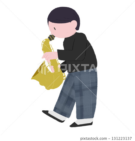 手繪彩色插圖，描繪一名男子吹奏薩克斯風 131223137