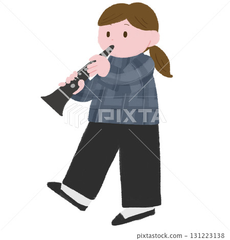 手繪彩色插圖，描繪演奏單簧管的女士 131223138